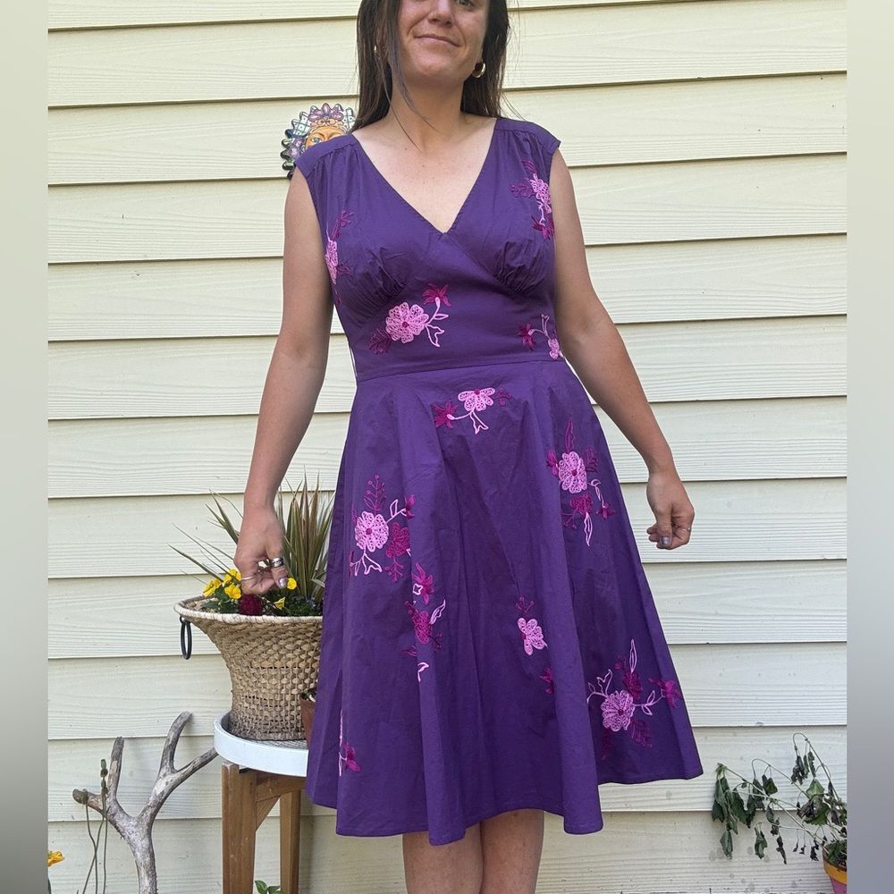 eShakti Boho Purple V Neck Sleeveless Dress With Pink Floral Embroidery